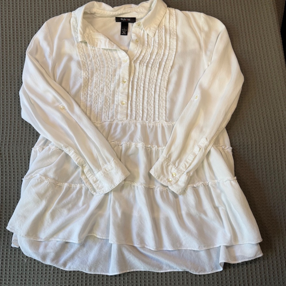 Style & Co Womens White Tiered Pintuck Lace Rayon Tunic Blouse Large Roll Tab L - Picture 3 of 6